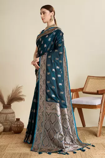 Teal woven satin saree with blouse piece