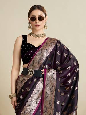 Wine woven satin saree with blouse piece 2