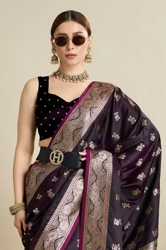 Wine woven satin saree with blouse piece