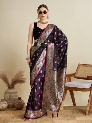 Wine woven satin saree with blouse piece 3