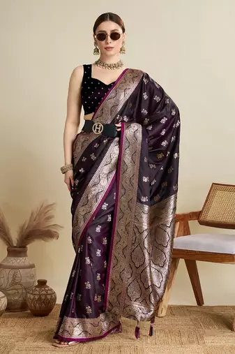 Wine woven satin saree with blouse piece