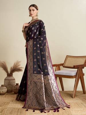 Wine woven satin saree with blouse piece 4