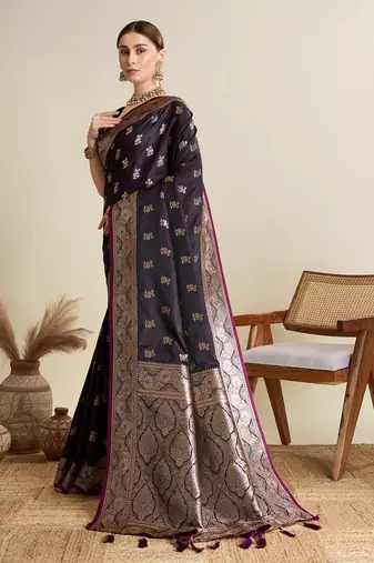 Wine woven satin saree with blouse piece