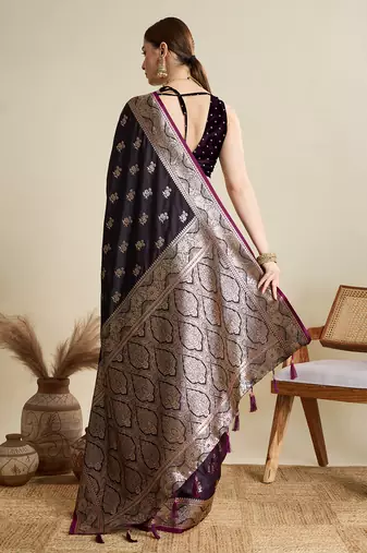 Wine woven satin saree with blouse piece
