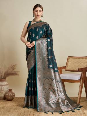 Dark green woven satin saree with blouse piece 1