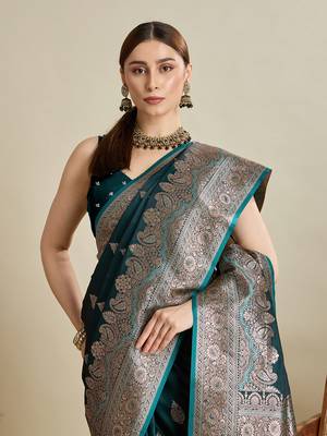 Dark green woven satin saree with blouse piece 2