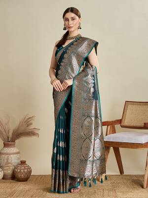 Dark green woven satin saree with blouse piece 3