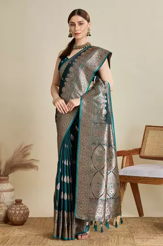 Dark green woven satin saree with blouse piece