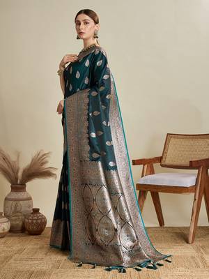 Dark green woven satin saree with blouse piece 4