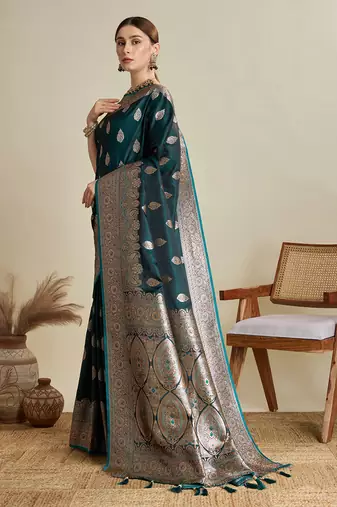 Dark green woven satin saree with blouse piece