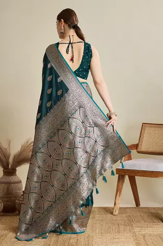 Dark green woven satin saree with blouse piece
