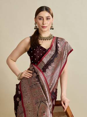 Maroon woven satin saree with blouse piece 2
