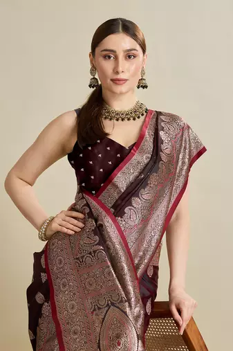 Maroon woven satin saree with blouse piece