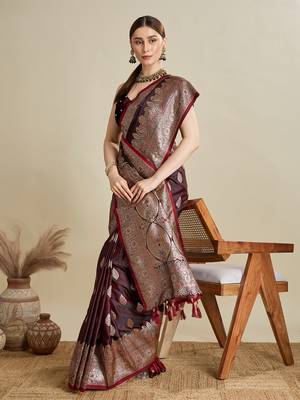 Maroon woven satin saree with blouse piece 3