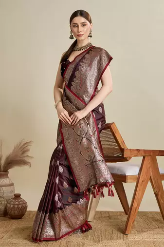 Maroon woven satin saree with blouse piece