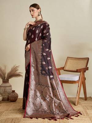 Maroon woven satin saree with blouse piece 4