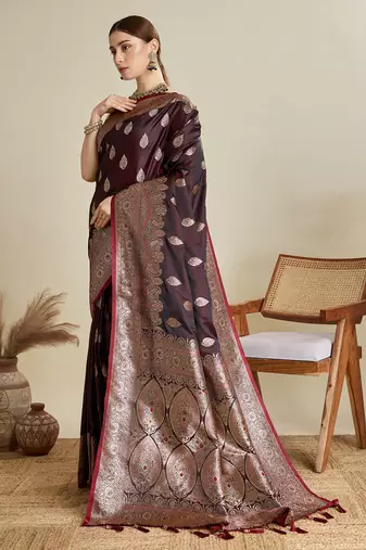 Maroon woven satin saree with blouse piece