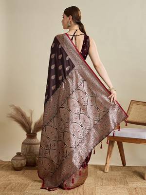 Maroon woven satin saree with blouse piece 5