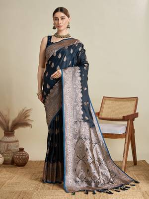 Navy blue woven satin saree with blouse piece 1