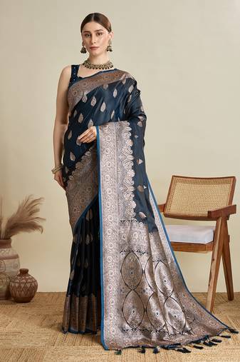 Navy blue woven satin saree with blouse piece