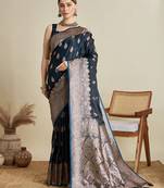 Navy blue woven satin saree with blouse piece