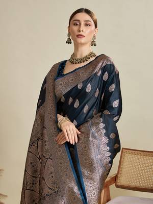 Navy blue woven satin saree with blouse piece 2