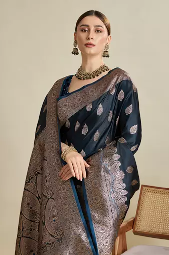 Navy blue woven satin saree with blouse piece