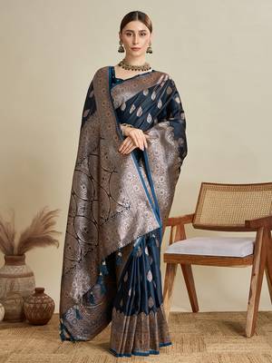 Navy blue woven satin saree with blouse piece 3