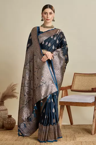 Navy blue woven satin saree with blouse piece