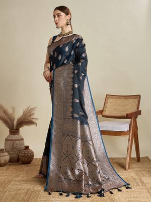Navy blue woven satin saree with blouse piece 4