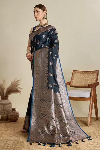 Navy blue woven satin saree with blouse piece
