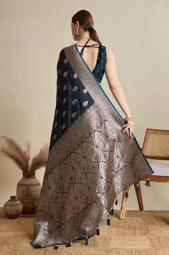 Navy blue woven satin saree with blouse piece