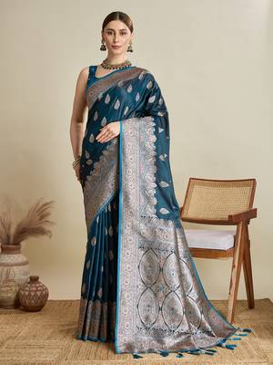 Teal woven satin saree with blouse piece 1