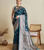 Teal woven satin saree with blouse piece