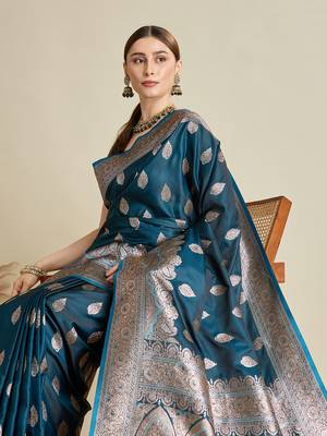 Teal woven satin saree with blouse piece 2