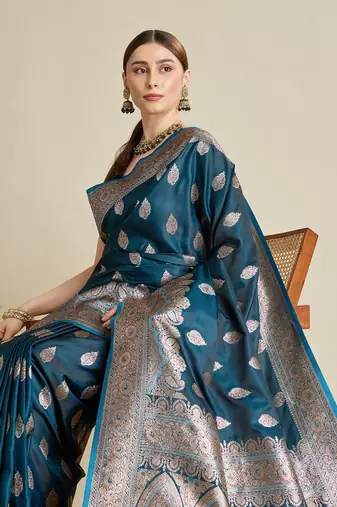 Teal woven satin saree with blouse piece