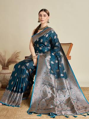 Teal woven satin saree with blouse piece 3