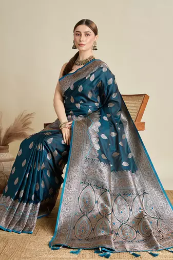 Teal woven satin saree with blouse piece