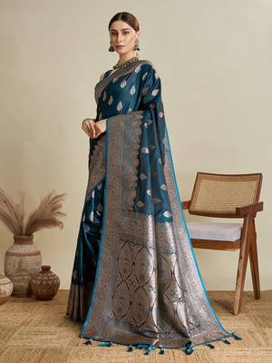 Teal woven satin saree with blouse piece 4