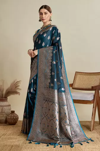 Teal woven satin saree with blouse piece