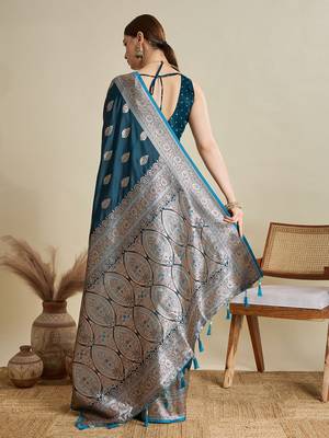 Teal woven satin saree with blouse piece 5