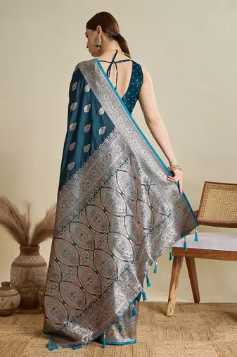 Teal woven satin saree with blouse piece