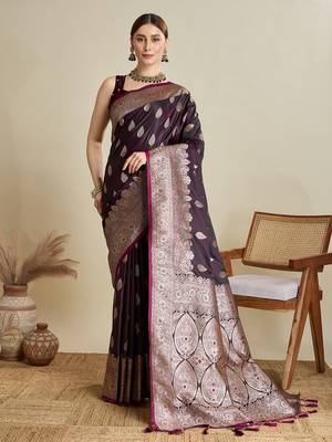 Wine woven satin saree with blouse piece 1
