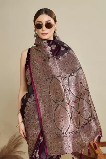 Wine woven satin saree with blouse piece