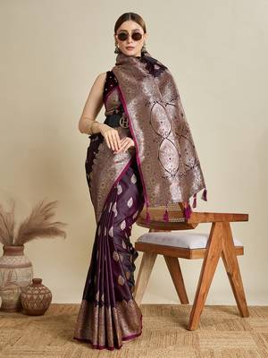 Wine woven satin saree with blouse piece 3