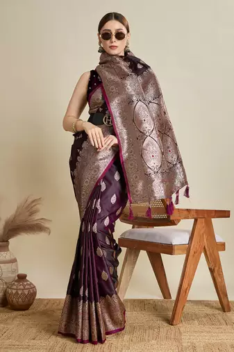 Wine woven satin saree with blouse piece