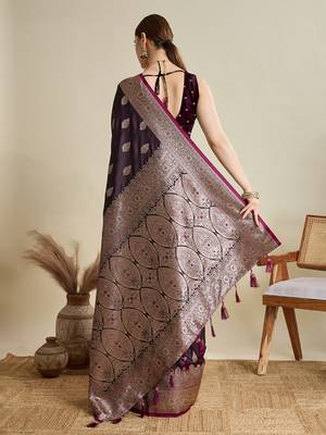 Wine woven satin saree with blouse piece 5