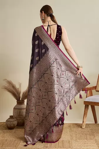 Wine woven satin saree with blouse piece