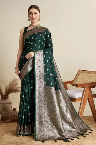 Green woven satin saree with blouse piece