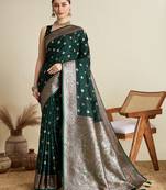 Green woven satin saree with blouse piece